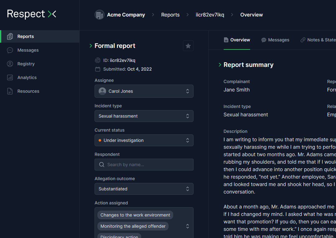 Screenshot of the admin report dashboard
