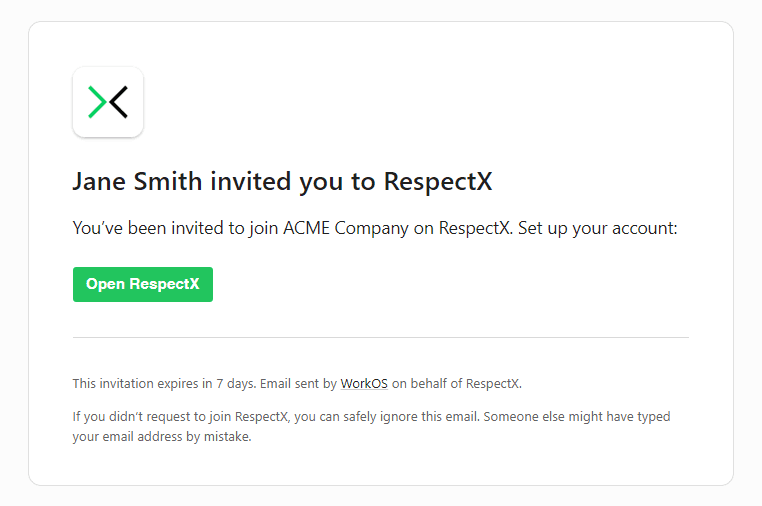 Screenshot showing the RespectX invite email with the Open RespectX button