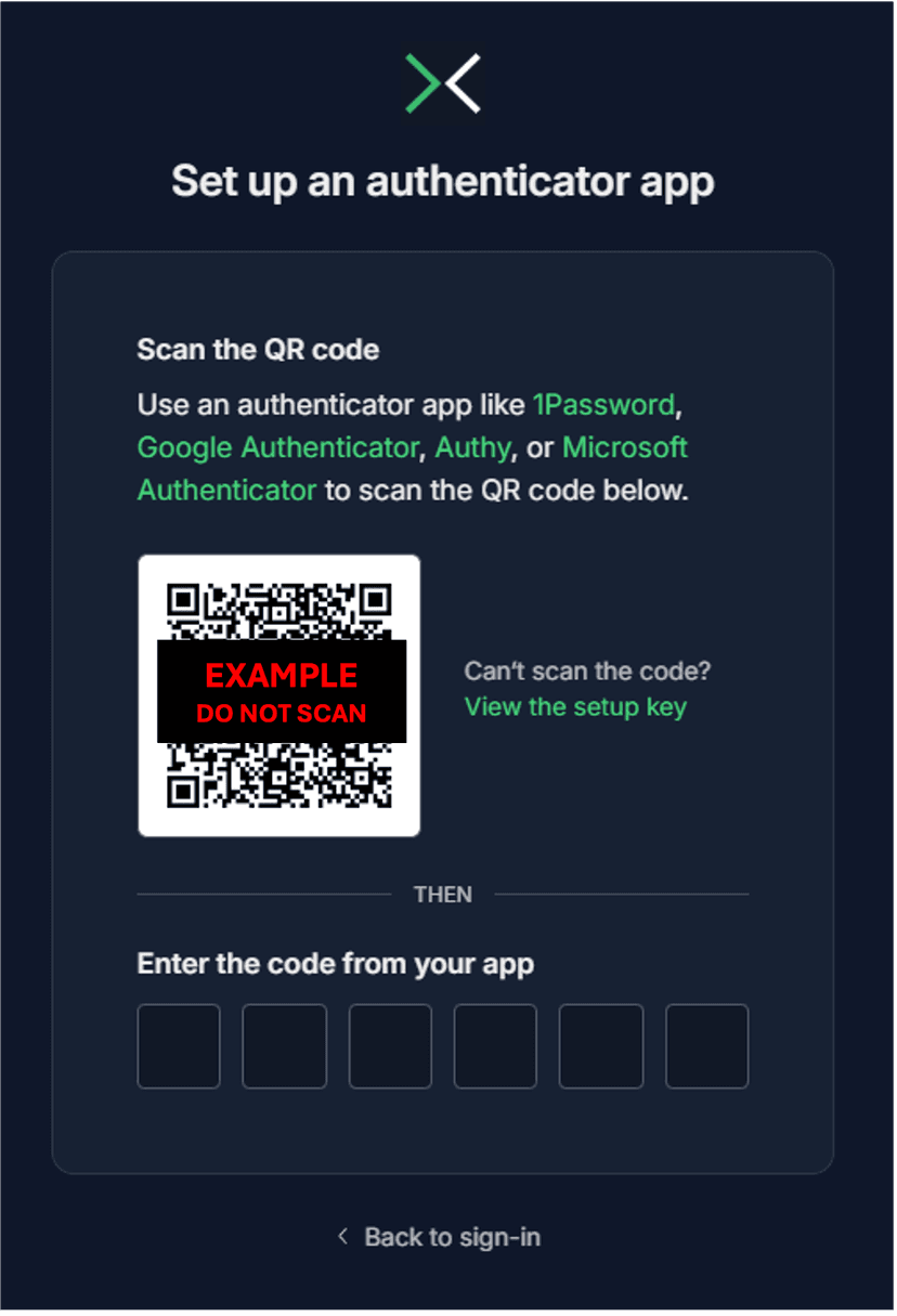 Screenshot showing the QR code on RespectX website to scan with authenticator app